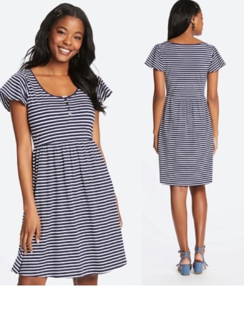 Draper James Navy and White Striped Scoop-Neck Midi Dress
